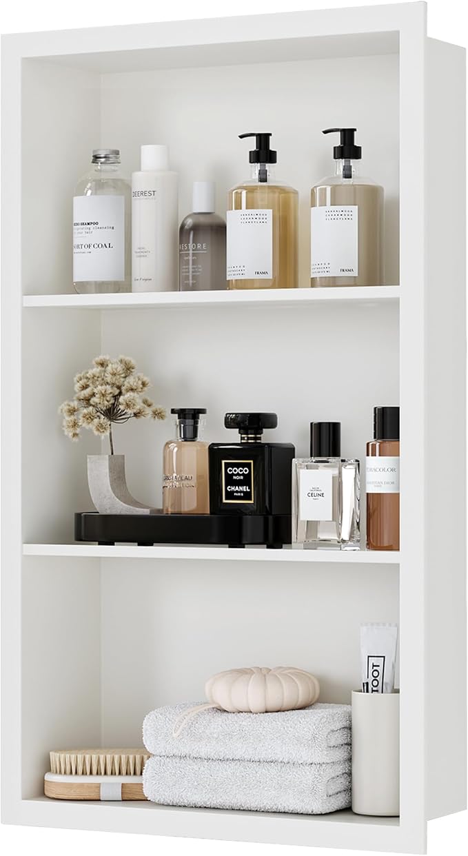 Qeke 14x 24 Medicine Cabinet Recessed with 3-Tiers Shelves, Matte White | 304 Stainless Steel Medicine Cabinet without Mirror, No Tile Needed Wall Niche for Bathroom Storage, Space Saving & Durable