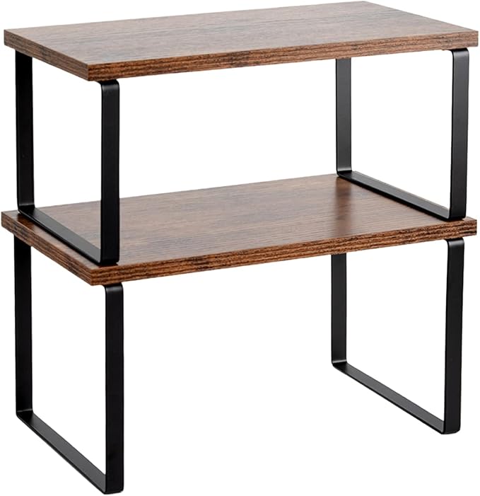 2 Pack Expandable Cabinet Shelf, Wood & Metal (Brown) | 2pack expandable cabinet shelf organizer 11.8-23.2 wood&metal 35lbs brown kitchen pantry spice rack stackable