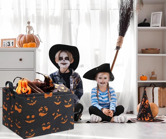 Rectangular Halloween Basket for Boys and Girls Kids Trick or Treat Pumpkin Basket for Halloween Parties Cute Storage Bin Organizer Box Room Decor(Black Pumpkin Face)