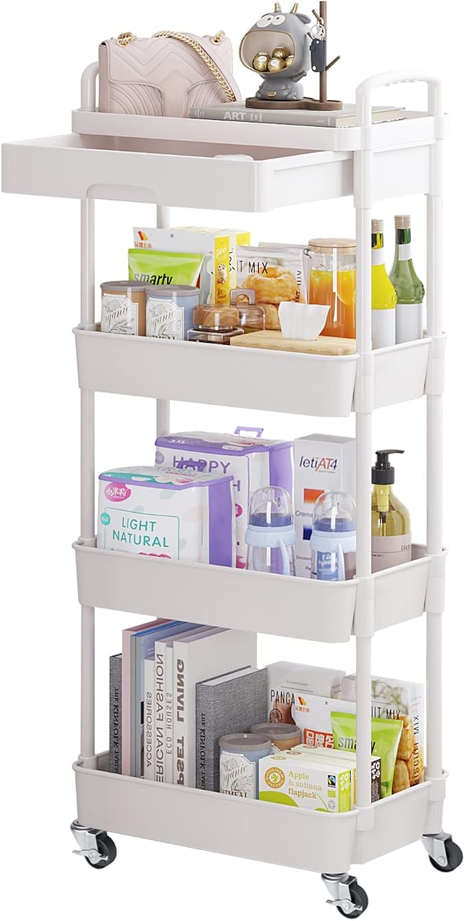 Calmootey 4-Tier Utility Cart with Drawer & Wheels, Storage for Home,Office | Space-Saving Organizer, Sturdy Plastic Shelves, Smooth-Rolling Metal Wheels, Built-in Drawer for Small Items, White