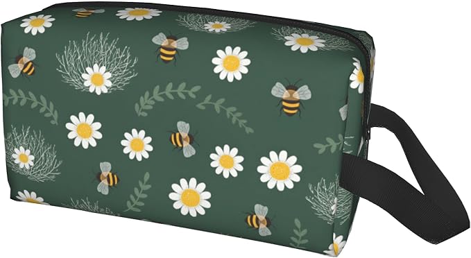 Dark Green Bee & Daisy Makeup Bag - Durable 600D Oxford Fabric Travel Cosmetic Bag, Shockproof Foam Padded Toiletry Organizer for Gym & Daily Use 10x6.2x4.9 Inch