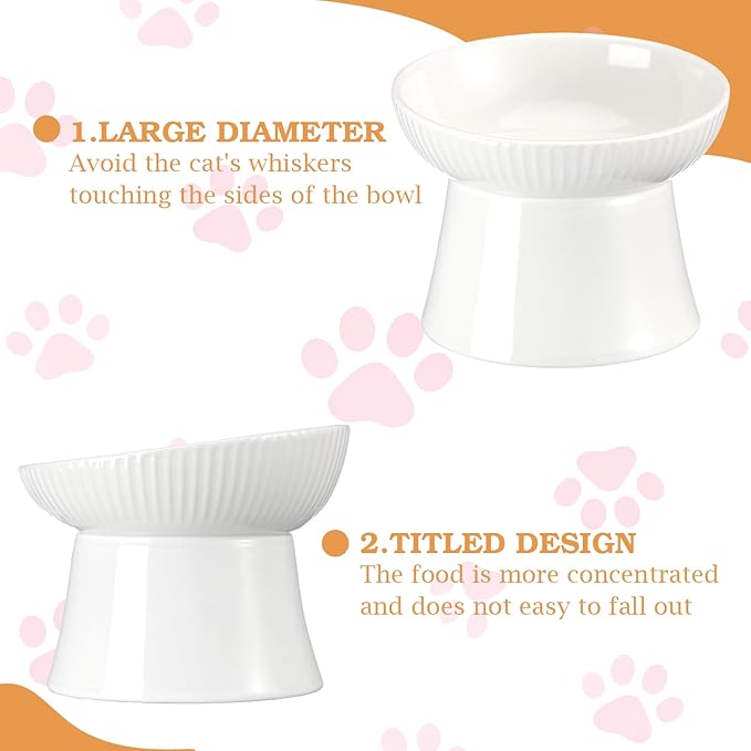 2 Pcs Cat Elevated Ceramic Bowls Raised Cat Food and Water Dishes, High Edge, Anti Vomiting Cats Feeder Bowl for Pets Kitten Puppies Dry Wet Food and Water, Dishwasher Safe