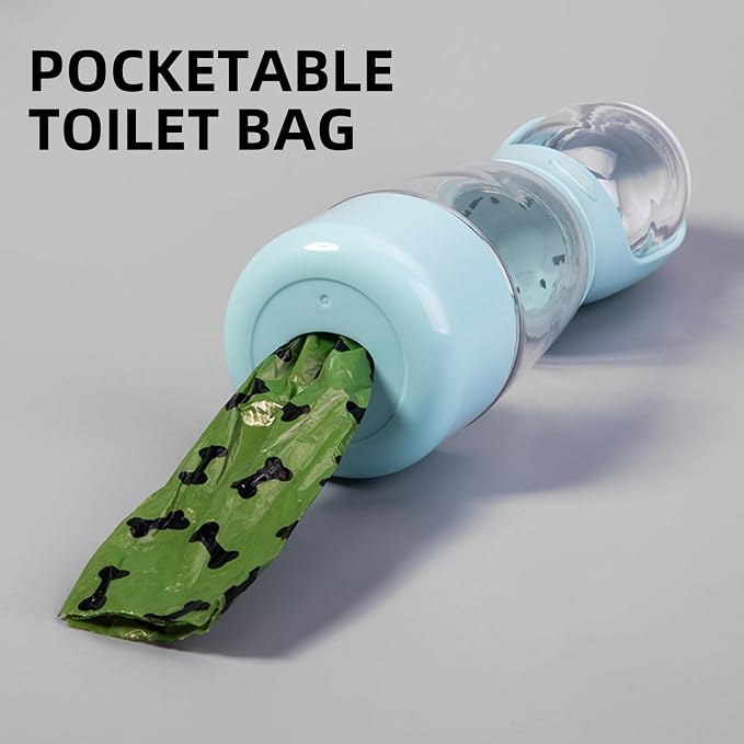 Portable Dog Water Bottle with Bowl, Food Container & Poop Bag Holder, 13.5 oz, Leak Proof Travel Pet Water Bottle for Dogs & Cats, Food Grade Plastic Dispenser for Walking, Hiking & Camping (Green)