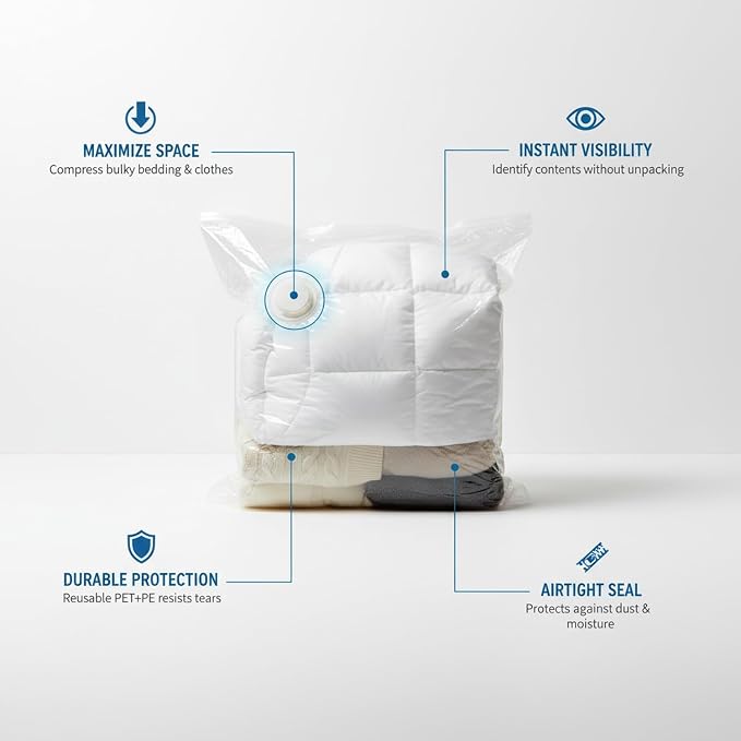 Clear Vacuum Storage Bags with Valve for Clothes & Bedding, Reusable Space Saver Compression Organizer (1 Pack)
