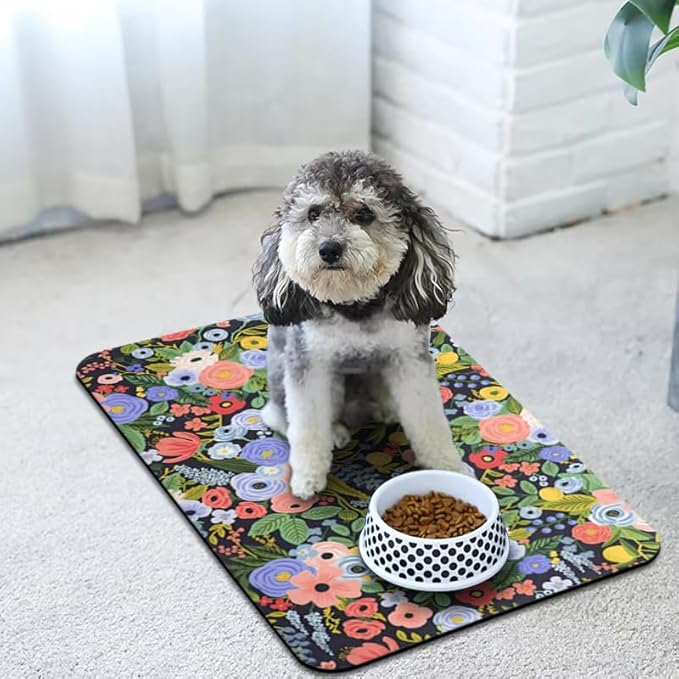 Dog Food Mats for Floors Waterproof, Pet Water Bowl Mats Pet Feeding Absorbent Placemats Flower 12 * 20 inch