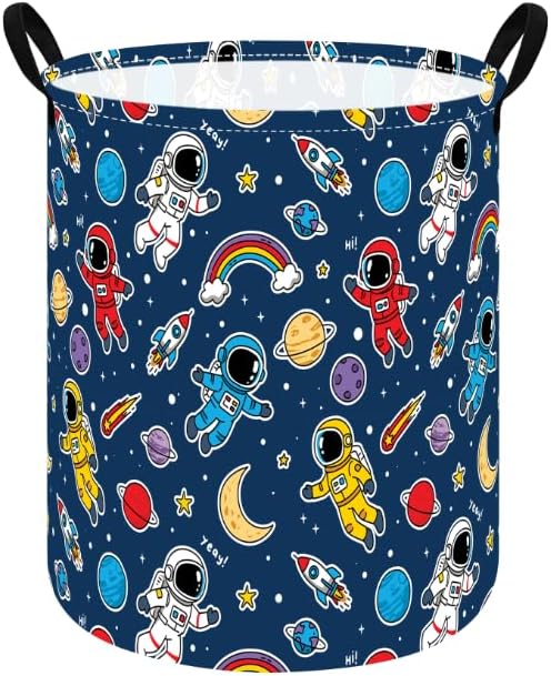 MAIZMZ Kids Storage Bin Astronaut Space Hamper,15.7" D x 19.7" H Waterproof Linen Laundry Basket with Leather Handles for Boys Room, Gifts