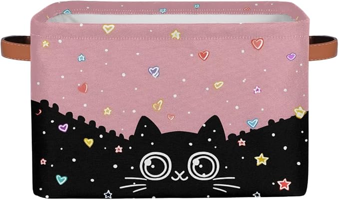 Pardick Storage Baskets Bin, Cute Cat Black Collapsible Canvas Fabric Storage Bin Decorative Baskets Toy Organizer Rectangle Storage Boxes with handles for Home Shelves Nursery,Q-10