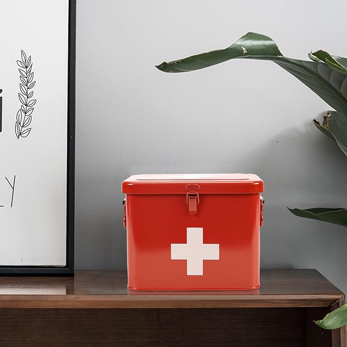 First Aid Kit, First Aid Medicine Supplies Bin - 2-Tier Metal Medicine Storage Tin, Samll First Aid Box with Removable Tray for Home & Workplace Emergency Tool Set - Red