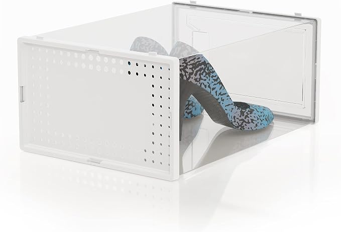 12 Pack Large Stackable Clear Plastic Shoe Storage Boxes Organizer, White | Easy to Assemble and Stack, Fit Size 9, Ventilated Dust-Proof, For Sneaker, Closet, Entryway, Under Bed, Replace Shoe Rack