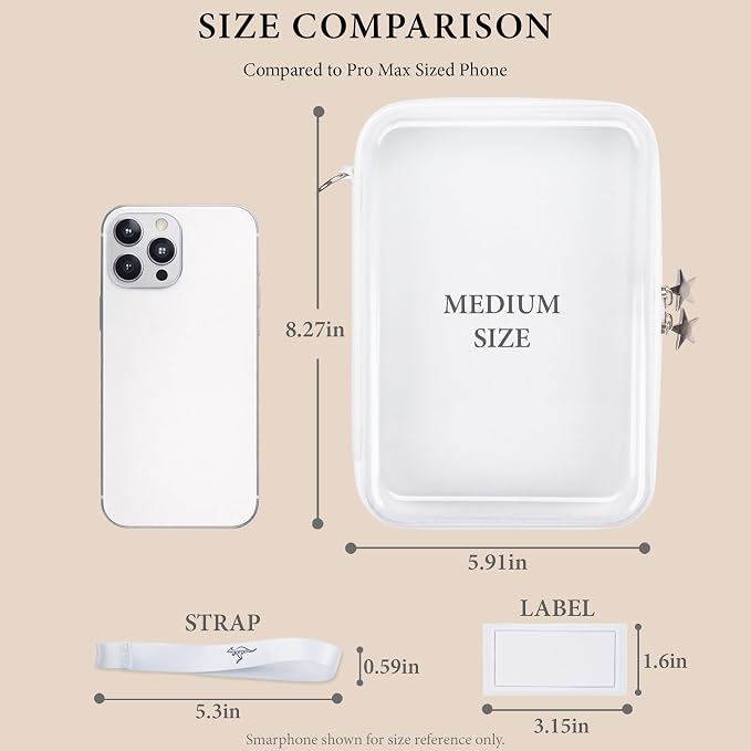 Clear Hard Shell Zipper Case Set (3 Medium), 120s Thick PET Plastic Storage Bags, Dual Zipper Travel Organizer with Star Charms, Removable Strap, Removable Labels & 2 Markers