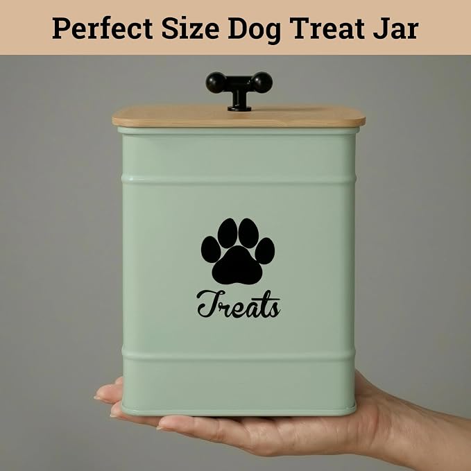 Dog Treat Container Airtight, 6"W x 8"H, Powder Coated, 12 Cup Capacity | Fits All Popular Treats, 12 Cup Capacity, Airtight Bamboo Lid, Easy Open Lid, Dent-Resistant Durable Metal Bone-Shaped Handle