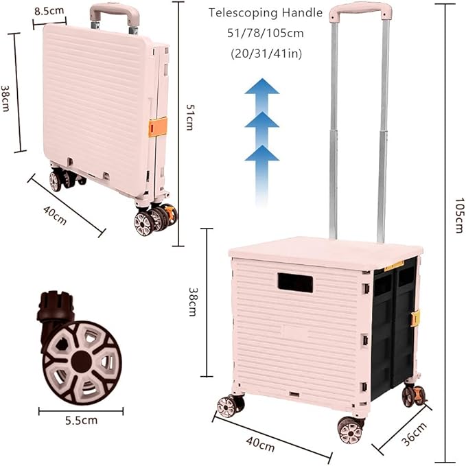 FELICON SELORSS Foldable Utility Cart Folding Portable Rolling Crate-Pink | Durable,Heavy Duty,Plastic Box,Telescoping Handle,4 Rotate Wheels,Collapsible Handcart for Travel Shop Move Luggage Office