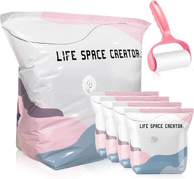 No‑pump Vacuum Storage Bags - 3-Sec Fast Compression, Heavy-Duty Travel Vacuum Bags Without Pump, Reusable Large Cube Vacuum Seal Bags, Press & Seal, Keeps Clothes Dry & Dust‑Free (M,4PCS)