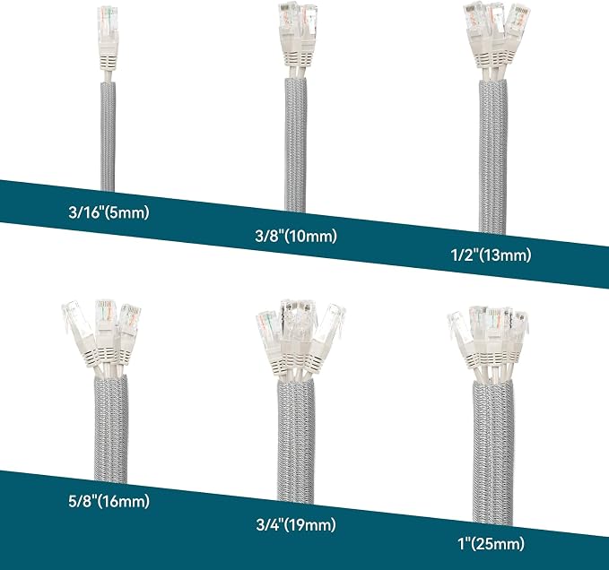 Wire Loom Tubing, 10ft Split Braided Cable Management Sleeve, Flexible Mesh Cord Protector Cable Sleeve for TV Computer (Grey, 3/16")