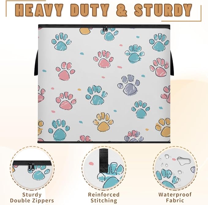 Paw Print Large Storage Bags, Fabric Bed Storage Containers, Foldable Closet Organizers for Blanket, Clothing, Comforter, Bedding, Puppy Dog Paw