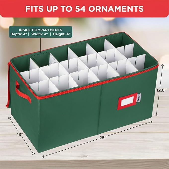 Christmas Ornament Storage Container with Dividers - Box Stores Up to 54 Ornaments, Zippered, Convenient, Adjustable, Large Organizer Bin to Protect Holiday Décor, Fits Most Standard Size, Green