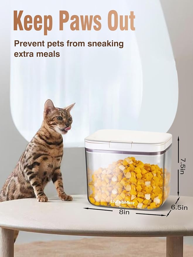 LivLab Mker 5-10 lb Airtight Dog Food Storage Container, White | Large airtight bin with pop-lock lid and clear body; stores 5-10 lb of dry dog food, cat treats, rice, or flour.