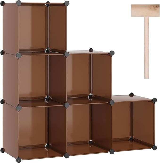C&AHOME 6-Cube Storage Organizer Cube Shelf Closet Storage Bookcase, Brown | Stackable Cubby Storage, Bookshelf, Portable Plastic Storage Closet Organizer, DIY Modular Shelving Units for Home, Wardrobe