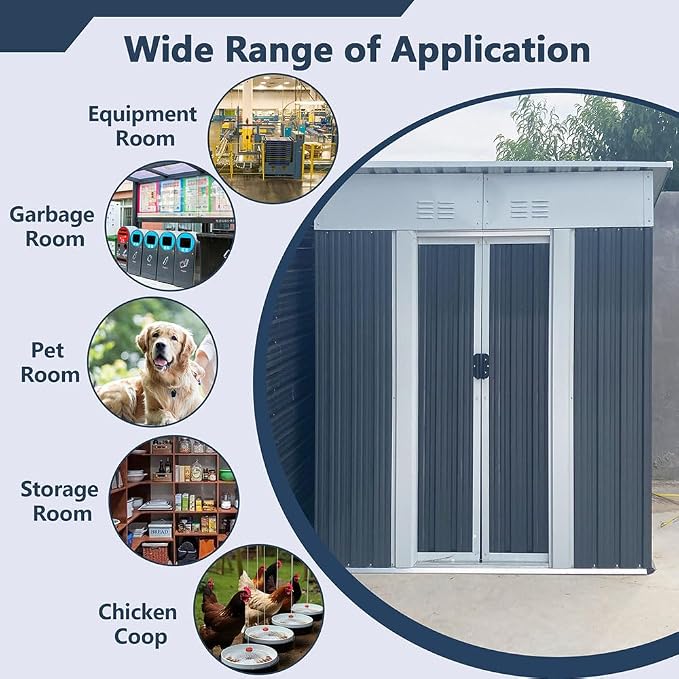 5' x 3' Outdoor Metal Storage Shed Outdoor Shed Galvanized Steel Garden Shed with Sliding Door and Window for Ventilation Storage Sheds House for Backyard Garden.（Grey）