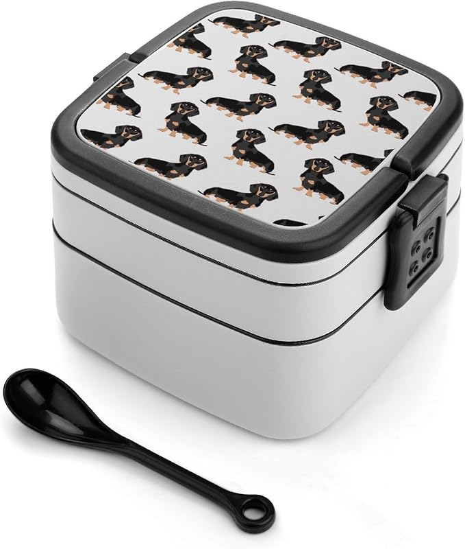 Dachshund Weiner Pet Dogs Double Layer Bento Box, 1000ml Stackable Leakproof Lunch Container with Spoon, Portable 2-Tier Food Storage Box for Office Work Picnic Camping and Travel