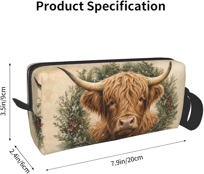 Highland Cow Evergreen Wreath Makeup Bag for Women, Cosmetic Pouch | Double-Sided Highland Cow Wreath Cosmetic Organizer with Foam Padding for Women, Travel, Gym, School, and Daily Storage