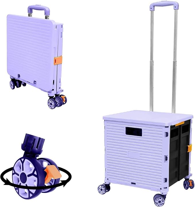 Quick Utility Cart Folding Portable Rolling Crate Handcart with Durable Heavy Duty Plastic Telescoping Handle Collapsible 4 Rotate Wheels for Travel Shopping Moving Luggage Office Use (Purple)