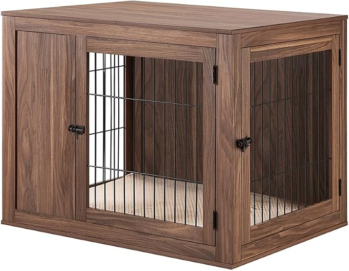 unipaws 38.5 Inch Furniture Style Dog Crate for Medium Large Dogs | Indoor Dog Stuff Kennel, Modern Decorative Wood Wire Cage, Pretty Cute End Side Table Nightstand, Walnut