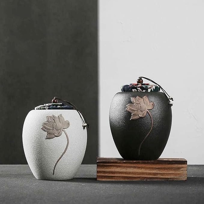 Ceramic Tea Canister,Tea Caddy with Airtight Lid,Tea Storage Jars with Wooden Scoop,Portable Food Storage Containers Sealed Tea Tins Can for Loose Tea/Nuts/Sugar/Seed/Coffee,Set of 2