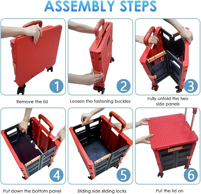 Foldable Utility Cart Folding Portable Rolling Crate Handcart Shopping Trolley Wheel Box with Lid Wear-Resistant Noiseless 360°Rotate Wheel for Travel Shopping Moving Storage Office Use (Red)