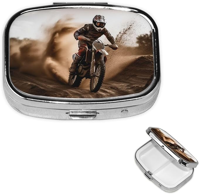 Motocross Pill Box 2 Compartment Medicine Pill Organizer Square Pill Case for Purse & Pocket Travel Pillbox Portable Metal Medicine Vitamin Fish Oil Organizer Unique Gift
