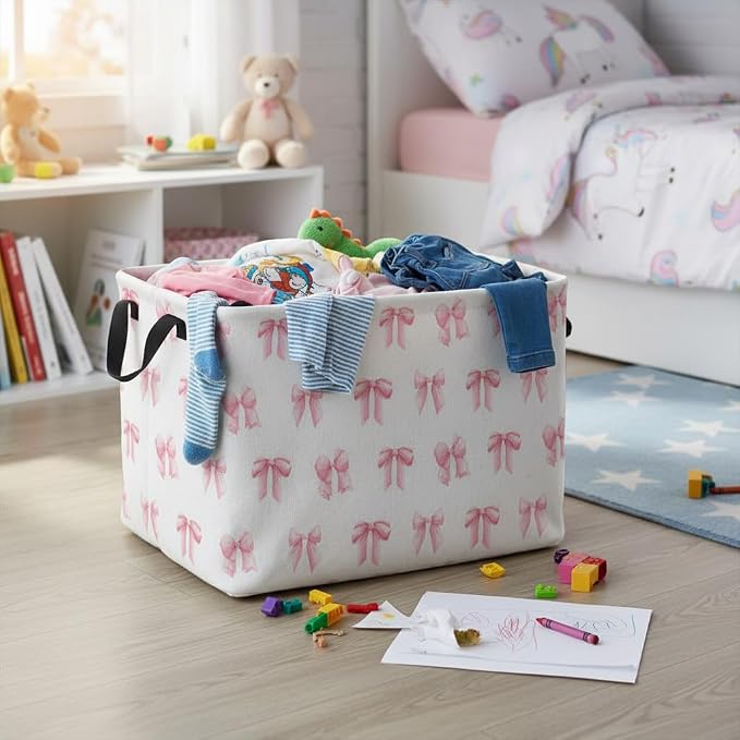 Rectangular Valentines Basket Fabric Storage Bin Storage Boxes Collapsible Storage Basket for Clothes Books Shelves Basket(Pink Bowknot)