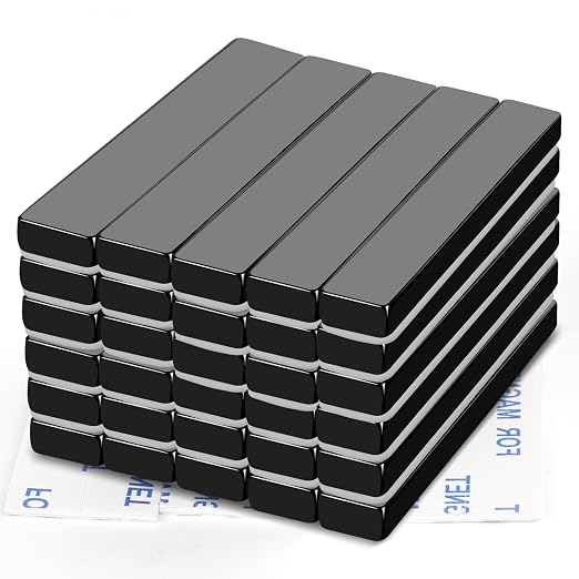 30 Pack Neodymium Bar Magnets with Adhesive Backing 60x10x5mm Black | Fridge Magnetic Strips Refrigerator Blocks Crafts Extra Super Sticky Bar for Science Experiments Classroom Craft Office