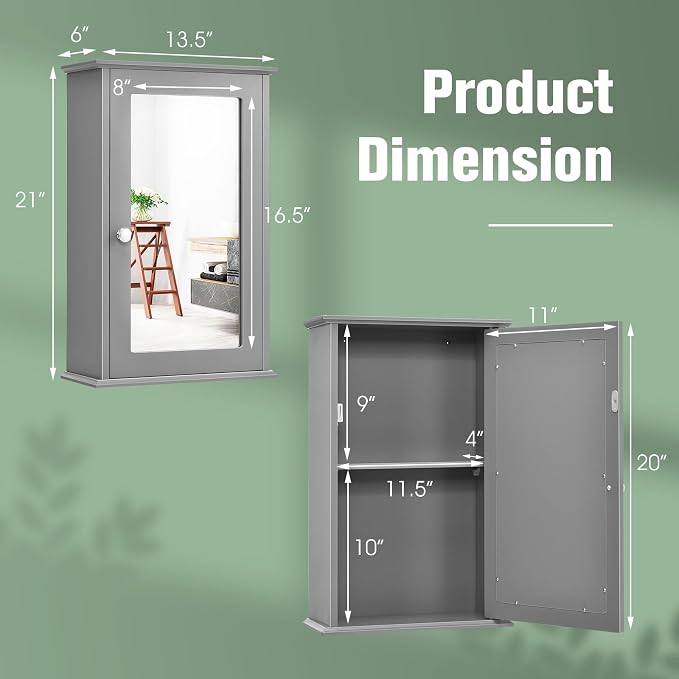 LOKO Bathroom Medicine Cabinet, Wall Mounted Storage Cabinet (Grey) | Single Mirrored Door | Adjustable Shelf | For Bathroom, Living Room, Entryway | 13.5 x 6 x 21 inches