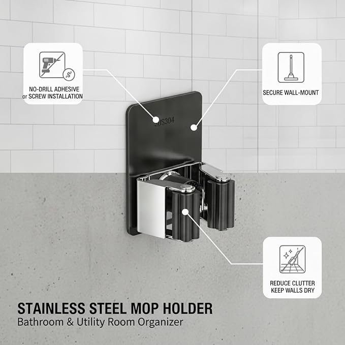 Stainless Steel Mop and Broom Holder Wall Mount, No-Drill Adhesive or Screw-In Hook for Bathroom, Laundry, Garage Organization (1 Pack)