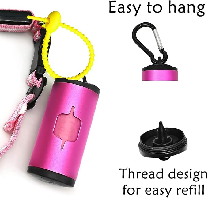 YUCHIYA Aluminum Dog Poop Bags Holder with Carabiner Metal Pet Waste Bags Dispenser with Hook and Loop Fastener and Elastic Cord to Carry Used Bags (Pink, 1 Holder 15 Bags)