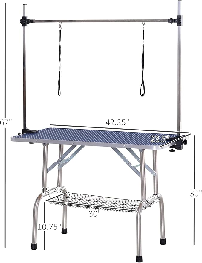 42" Pet Dog Grooming Table, Foldable Stainless Steel Frame Pet Drying Grooming Table Up to 330lbs, Professional Bathing Desk for Dogs at Home with Adjustable Overhead Arms, Noose, Mesh Tray, Blue