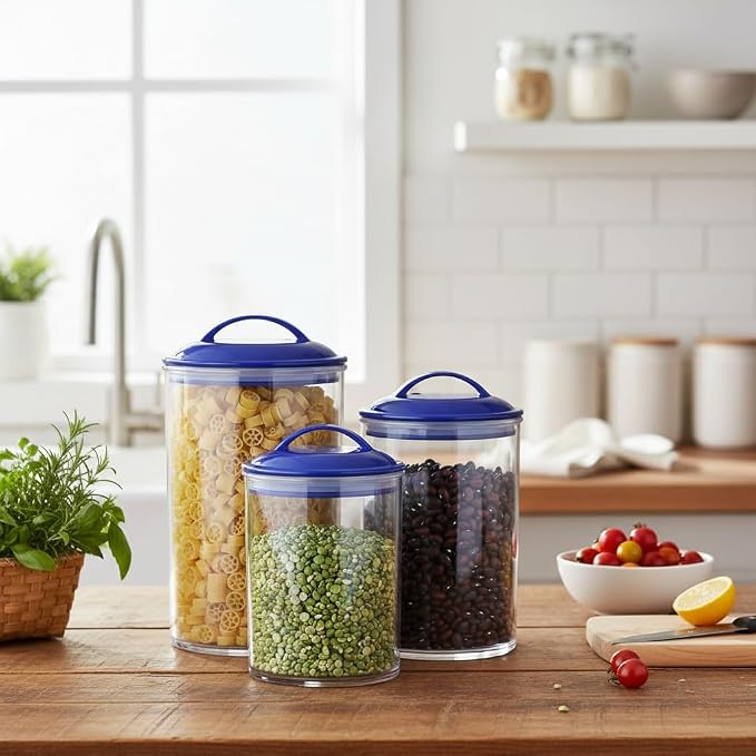 Food Storage Containers, BPA Free Airtight Canisters for Cereal, Pasta, Sugar, Coffee, Flour, Cookies, Loose Tea, for Kitchen Organization, Set of 3 by Reston Lloyd, Indigo
