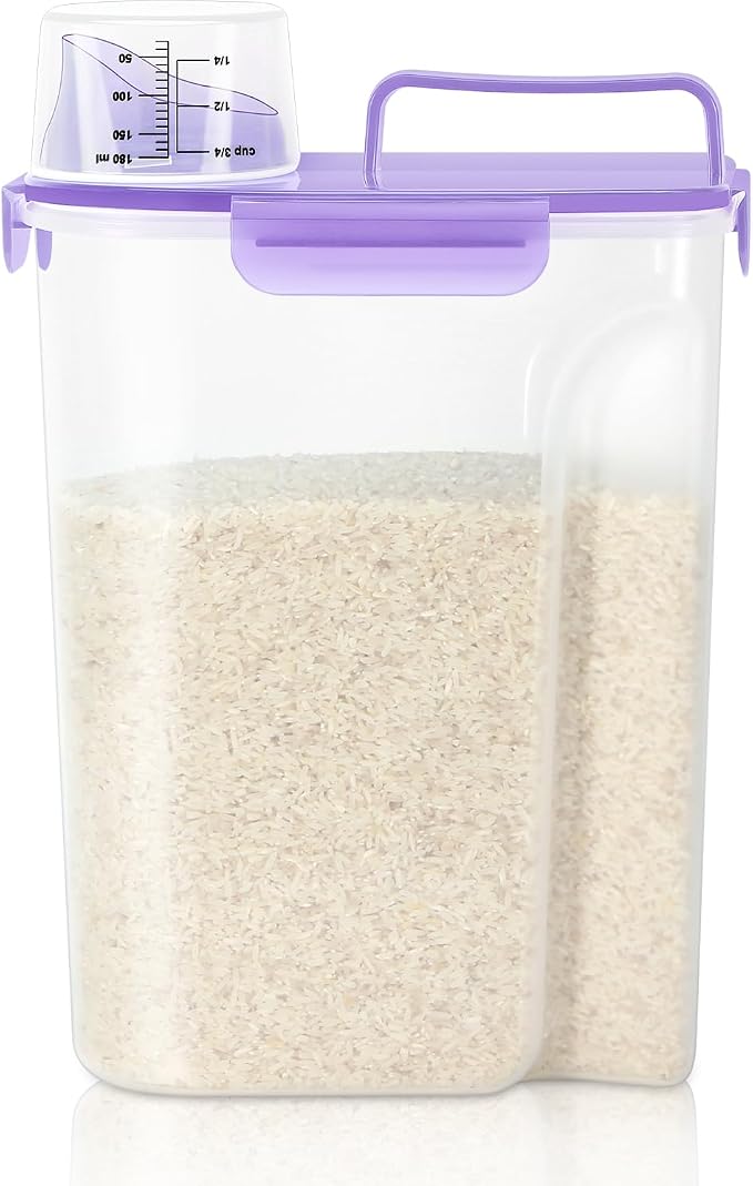 LEAWALK 10LBS Airtight Rice Food Storage Container BPA Free, 5.28Qt Clear Plastic Kitchen and Pantry Organization Bin Suitable for Cereal, Dry, Oats, Flour, Sugar, Pasta, Pet Food-Clear Purple