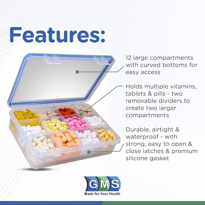 Large 12 Compartment Pill Organizer, Travel Vitamin Chest Box | Secure Locking Container for Daily Supplements & Tablets, Easy-Lock Design for Medicine Cabinet Organization & Travel