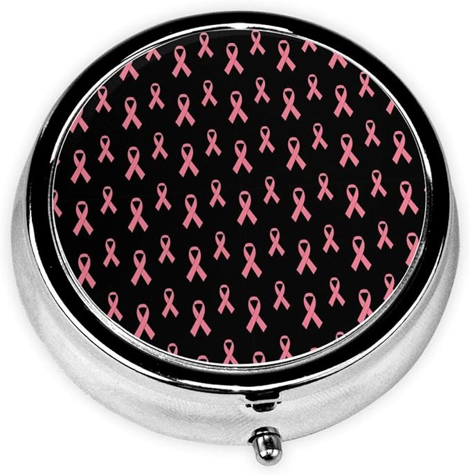 Purse Pill Case, Breast Cancer Pink Ribbon Mini Round Holder, Portable Organizer for Medicine, Travel Pill Box Pocket Carry for Seniors