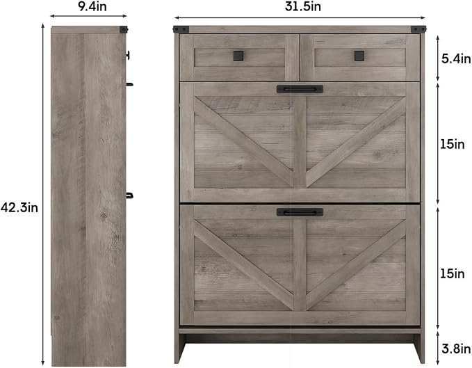 Halitaa Shoe Cabinet with 2 Flip Drawers & 2 Drawers,Farmhouse Shoe Storage Cabinet for Entryway,Slim Freestanding Narrow Organizer Rack for Front Door Entrance,Grey