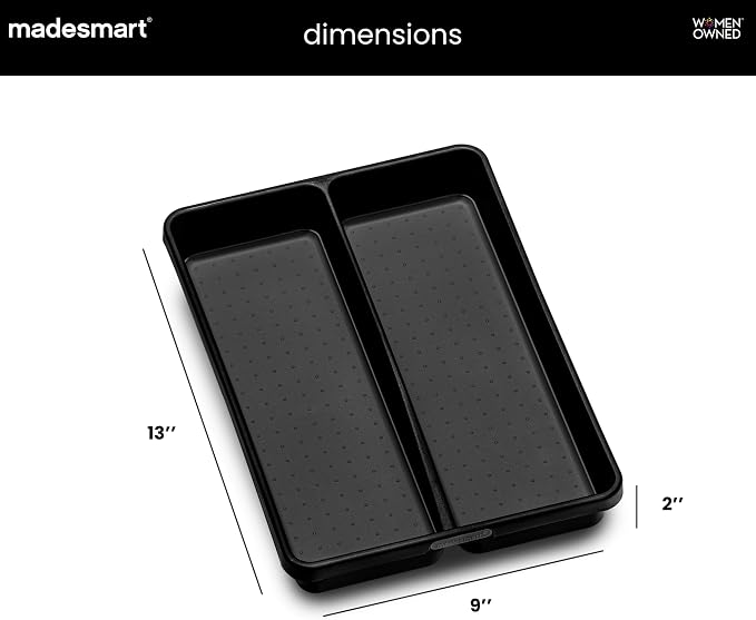 madesmart Classic 2 Compartment Compact Utensil Tray, Carbon | non slip feet, rounded corners, soft grip lining, wide channels, spatulas whisks tongs, ladles serving spoons, woman owned