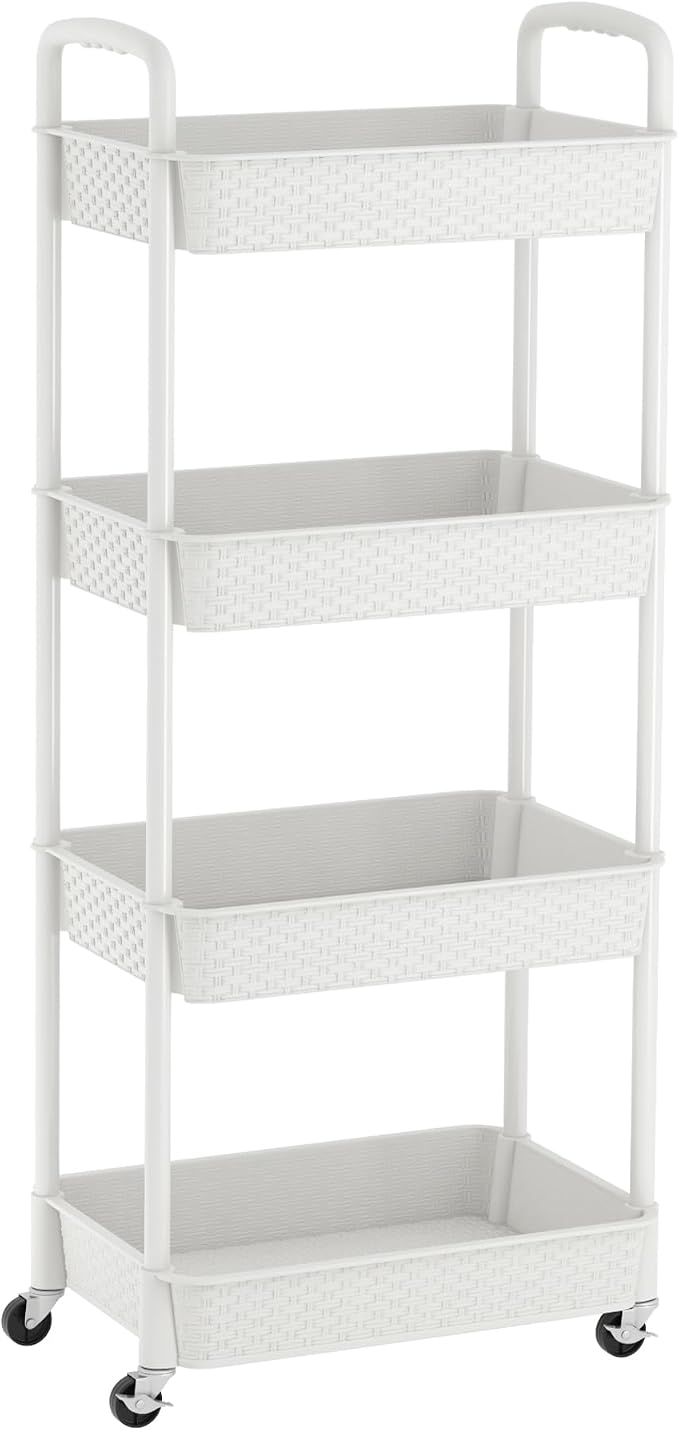 MOYIPIN 4-Tier Plastic Rolling Utility Cart with Handle,White | Utility Storage Cart for Office, Living Room, Kitchen,Movable Storage Organizer，Easy installation，Rattan-like art design