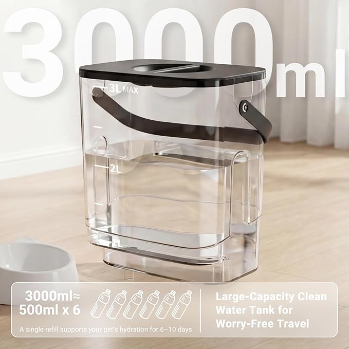 Filterless Cat Water Fountain 3L, Wireless Motion Sensor Cat Water Fountain with 4000mAh Battery, Stainless Steel Cat Bowls, Water Fountain Separate Tanks, Quiet – Black