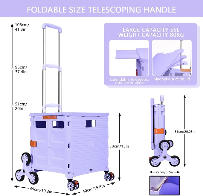 Foldable Utility Cart with Stair Climbing Wheels,Collapsible Rolling Crate with Magnetic Lid Telescopic Cover,Telescoping Handle,360° Rotate Wheel Hand Cart for teacher Shopping Moving Grocery(Purple)