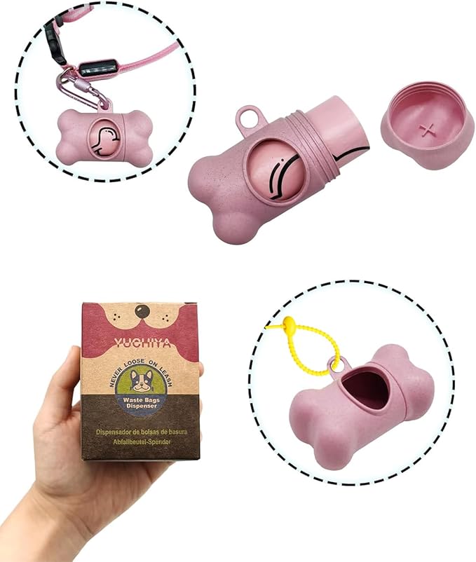 Dog Poop Pickup Bags Holder Dispenser with Standard-Sized Leak-Proof Scented Doggy Waste Bags and Carabiner with Safety Lock&Fastener Never Loose on Leash Lead Again (1 Holder 195 Bags, Pink)
