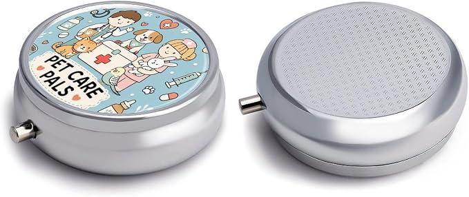 Friendly Pet Care Pals Poster Round Pill Box with 3 Compartments, Portable Travel Pill Organizer with Spring Snap Closure for Vitamins Supplements Fish Oil