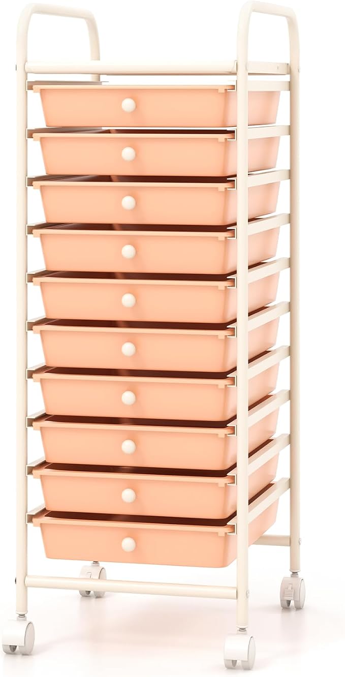10 Drawer Rolling Storage Cart, Organization Cart on Drawers for Craft Makeup Paper Tool Art Supply, Versatile Utility Cart on Wheels for Home Office Classroom School (Peach)