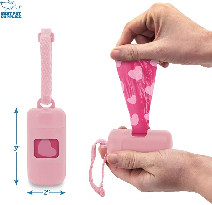 Best Pet Supplies Dog Poop Bag Holder Leash Attachment with Reusable Dispenser for Travel, Walking, Park, and Outdoor Use, Durable with Clip-On - Pink, Pack of 2, Plastic Dispenser w/30 Bags