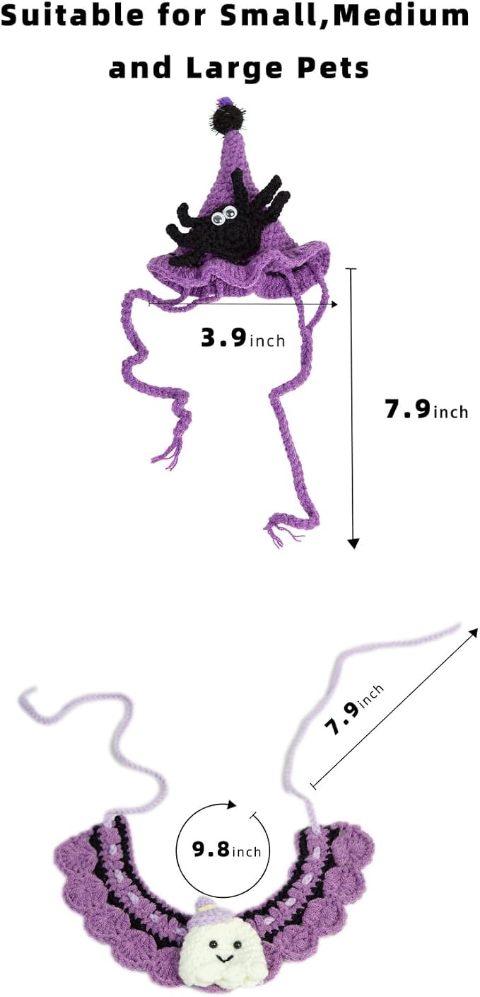 Halloween Cat Costume & Dog Outfit – Handmade Purple Witch Hat & Cute Ghost Cat Clothes, Adjustable Pet Outfit for Rabbits,Cats &Small Dogs, Lightweight & Breathable, Festive Pet Accessories
